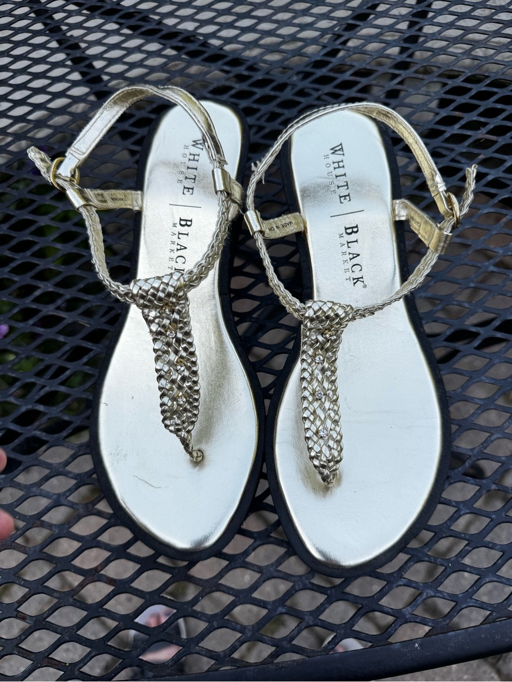 White House Black Market Gold Braided T-Strap Sandals — Women's Size 7